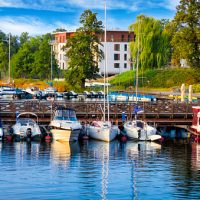 Vacations in Poland - sailboats in marina by the Jeziorak lake in Ilawa, small tourist resort in warmian-masurian voivodeship